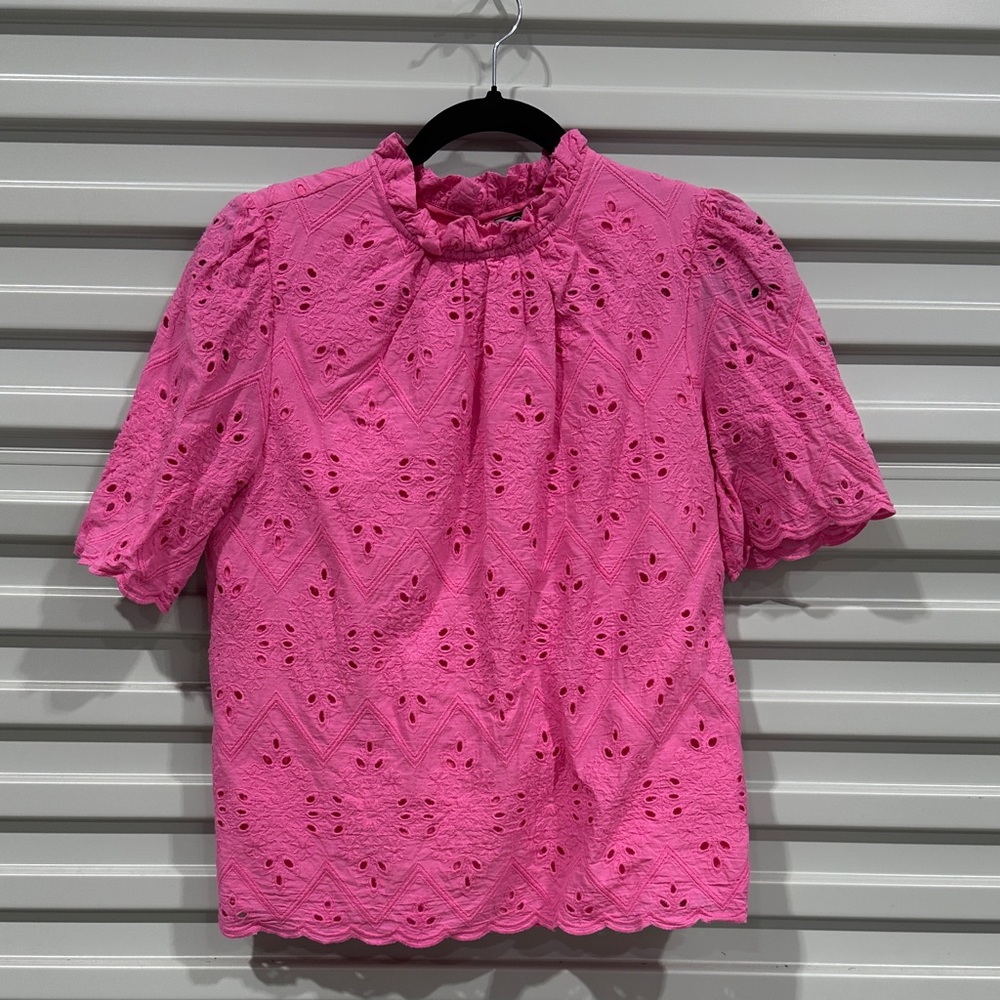 Pink Eyelet Ruffle Neck Blouse